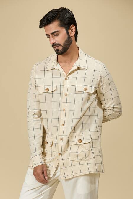 Ankita Shahabadi_Off White Linen Checkered Shacket _Online_at_Aza_Fashions