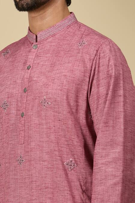 Ankita Shahabadi_Pink Handloom Cotton Embroidery Resham Mandarin Collar Kurta _Online_at_Aza_Fashions