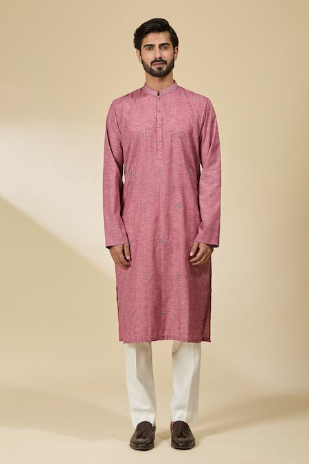 Buy_Ankita Shahabadi_Pink Handloom Cotton Embroidery Resham Mandarin Collar Kurta _Online_at_Aza_Fashions