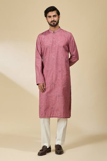 Shop_Ankita Shahabadi_Pink Handloom Cotton Embroidery Resham Mandarin Collar Kurta _Online_at_Aza_Fashions