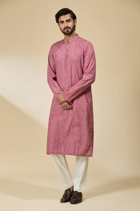 Ankita Shahabadi_Pink Handloom Cotton Embroidery Resham Mandarin Collar Kurta _at_Aza_Fashions