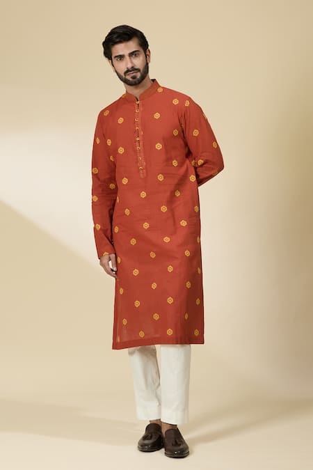 Shop_Ankita Shahabadi_Orange Handloom Cotton Embroidery Geometric Woven Kurta _at_Aza_Fashions