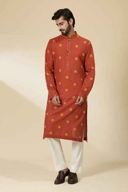Shop_Ankita Shahabadi_Orange Handloom Cotton Embroidery Geometric Woven Kurta _Online_at_Aza_Fashions