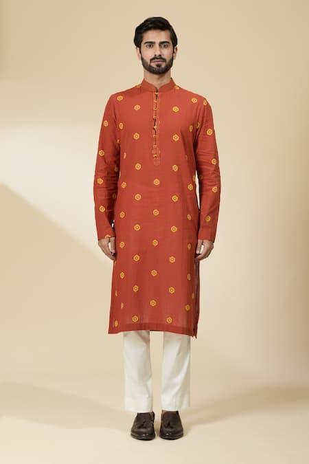 Ankita Shahabadi_Orange Handloom Cotton Embroidery Geometric Woven Kurta _at_Aza_Fashions