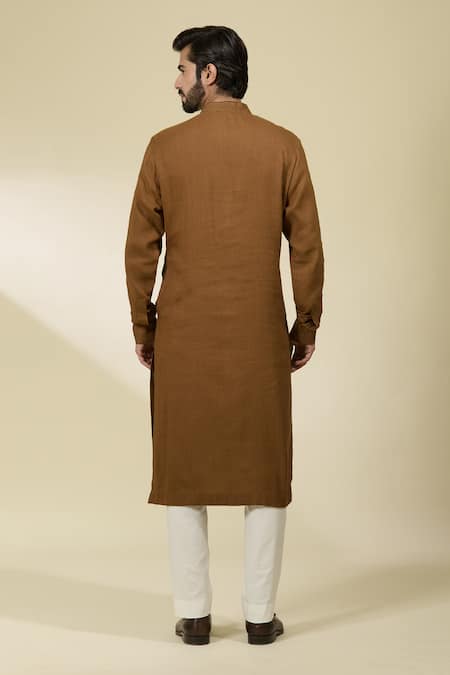 Shop_Ankita Shahabadi_Brown Handloom Cotton Mandarin Collar Kurta _at_Aza_Fashions