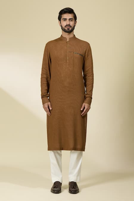 Buy_Ankita Shahabadi_Brown Handloom Cotton Mandarin Collar Kurta _Online_at_Aza_Fashions