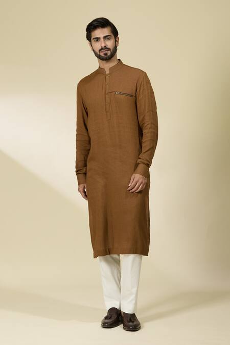 Shop_Ankita Shahabadi_Brown Handloom Cotton Mandarin Collar Kurta _Online_at_Aza_Fashions