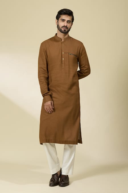 Ankita Shahabadi_Brown Handloom Cotton Mandarin Collar Kurta _at_Aza_Fashions