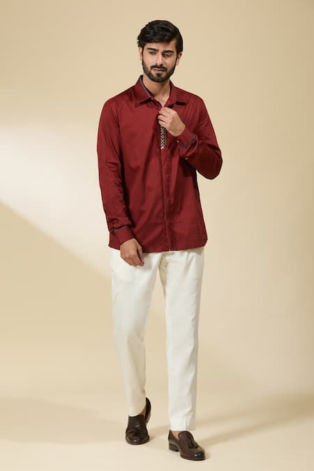 Buy_Ankita Shahabadi_Brown Cotton Satin Embroidery Thread Shirt _Online_at_Aza_Fashions