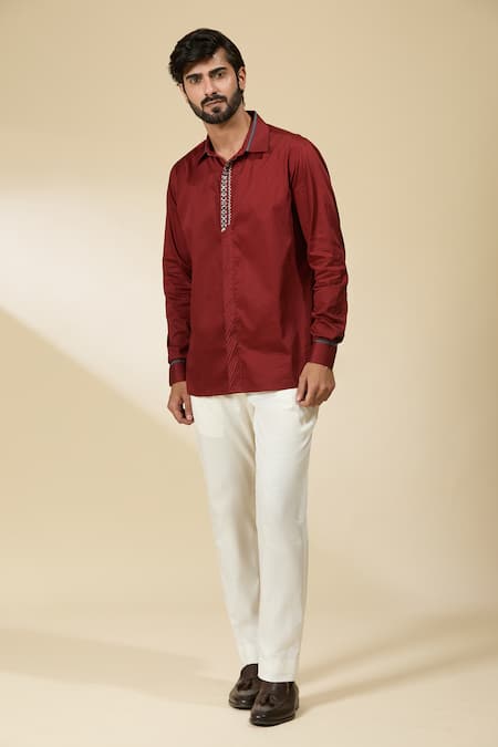 Shop_Ankita Shahabadi_Brown Cotton Satin Embroidery Thread Shirt _Online_at_Aza_Fashions