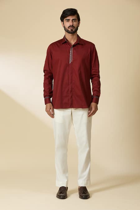 Ankita Shahabadi_Brown Cotton Satin Embroidery Thread Shirt _at_Aza_Fashions