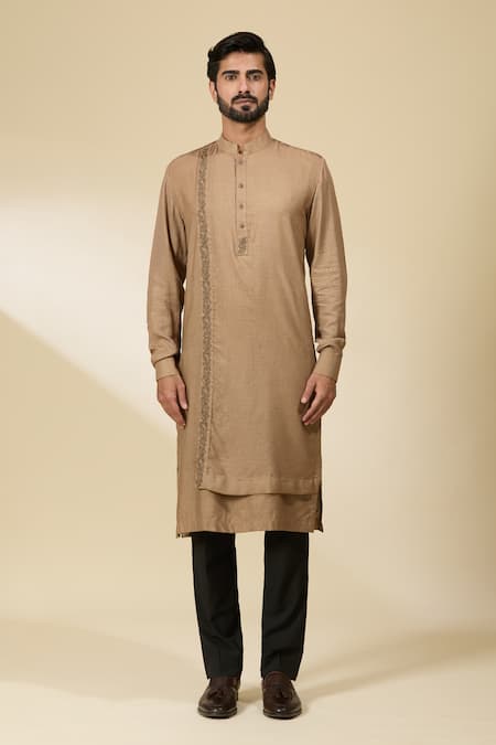 Buy_Ankita Shahabadi_Green Handloom Cotton Zari Zardozi Embroidered Olive Kurta _Online_at_Aza_Fashions