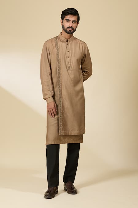 Shop_Ankita Shahabadi_Green Handloom Cotton Zari Zardozi Embroidered Olive Kurta _Online_at_Aza_Fashions