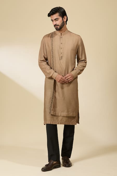 Ankita Shahabadi_Green Handloom Cotton Zari Zardozi Embroidered Olive Kurta _at_Aza_Fashions