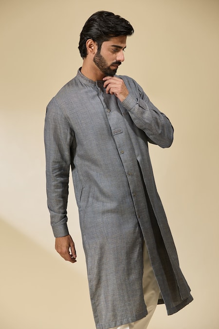 Ankita Shahabadi_Blue Handloom Cotton Embroidery Layered Kurta _Online_at_Aza_Fashions