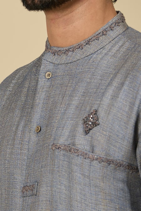 Buy_Ankita Shahabadi_Blue Handloom Cotton Embroidery Layered Kurta _Online_at_Aza_Fashions