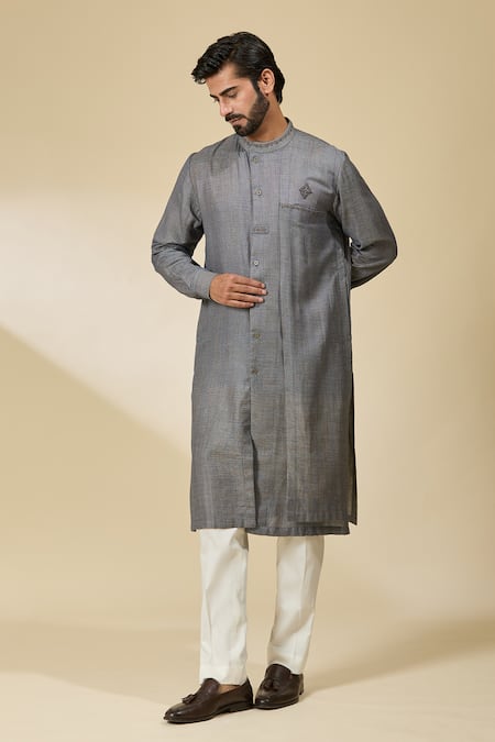 Shop_Ankita Shahabadi_Blue Handloom Cotton Embroidery Layered Kurta _Online_at_Aza_Fashions