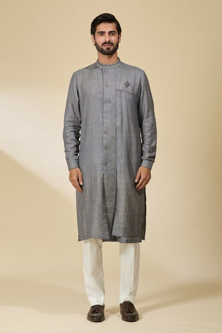 Ankita Shahabadi_Blue Handloom Cotton Embroidery Layered Kurta _at_Aza_Fashions