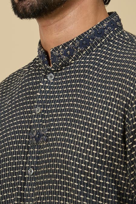 Buy_Ankita Shahabadi_Blue Handloom Cotton Navy Thread Woven Kurta _Online_at_Aza_Fashions