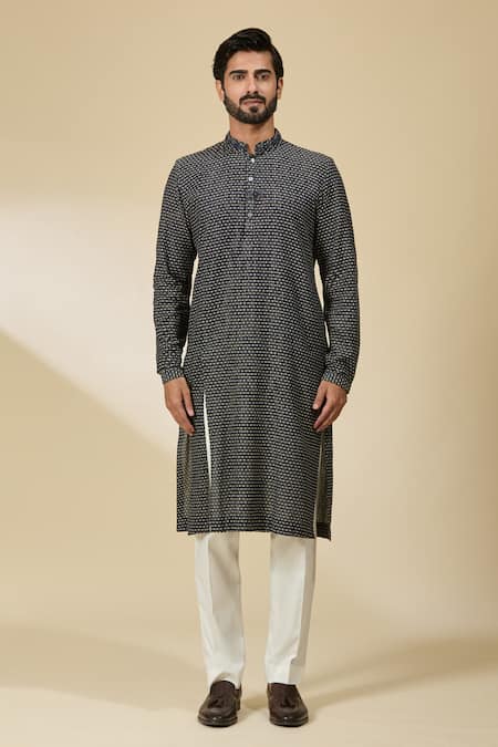 Shop_Ankita Shahabadi_Blue Handloom Cotton Navy Thread Woven Kurta _Online_at_Aza_Fashions