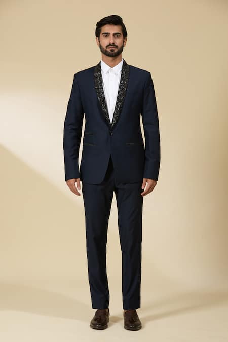 Ankita Shahabadi_Navy Suede Cut Work Cutdana Embroidered Tuxedo And Pant Set _Online_at_Aza_Fashions