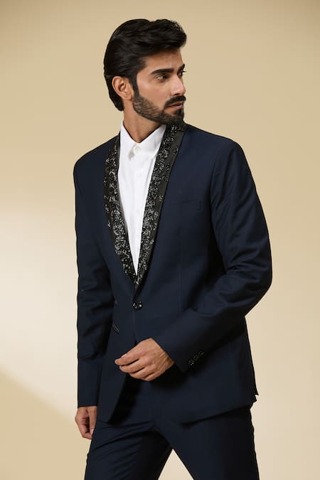 Buy_Ankita Shahabadi_Navy Suede Cut Work Cutdana Embroidered Tuxedo And Pant Set _Online_at_Aza_Fashions