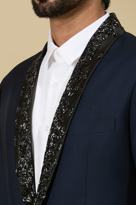 Shop_Ankita Shahabadi_Navy Suede Cut Work Cutdana Embroidered Tuxedo And Pant Set _Online_at_Aza_Fashions