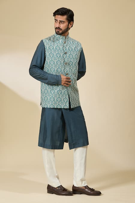 Ankita Shahabadi_Blue Silk Beads Floral Embroidered Nehru Jacket _Online_at_Aza_Fashions
