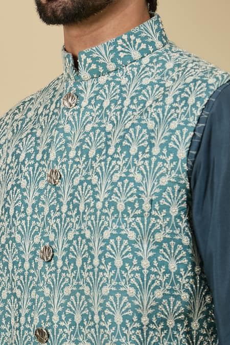 Buy_Ankita Shahabadi_Blue Silk Beads Floral Embroidered Nehru Jacket _Online_at_Aza_Fashions