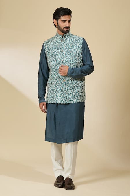 Shop_Ankita Shahabadi_Blue Silk Beads Floral Embroidered Nehru Jacket _Online_at_Aza_Fashions