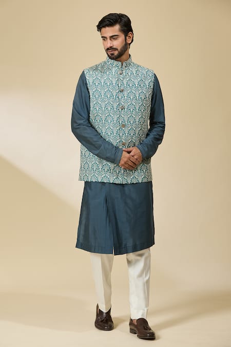 Ankita Shahabadi_Blue Silk Beads Floral Embroidered Nehru Jacket _at_Aza_Fashions