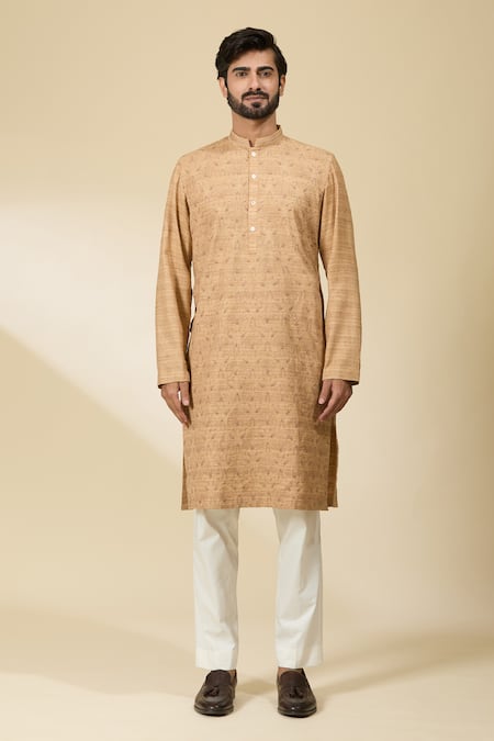 Ankita Shahabadi_Beige Handloom Cotton Embroidery Thread Kurta _at_Aza_Fashions