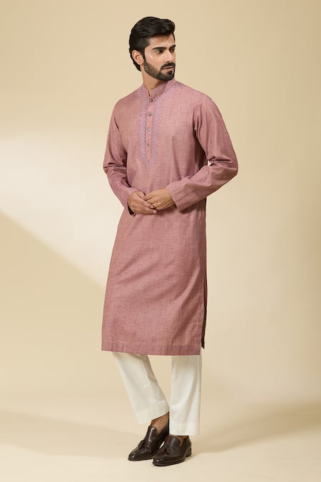 Ankita Shahabadi_Pink Handloom Cotton Embroidery Thread Mandarin Collar Kurta _Online_at_Aza_Fashions