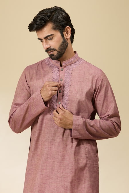 Buy_Ankita Shahabadi_Pink Handloom Cotton Embroidery Thread Mandarin Collar Kurta _Online_at_Aza_Fashions