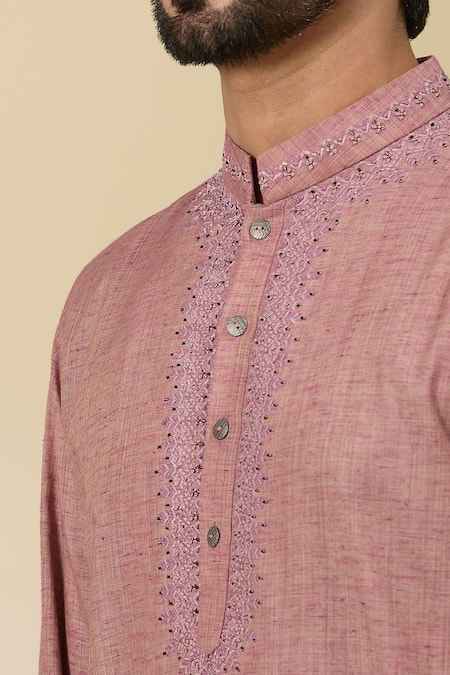 Shop_Ankita Shahabadi_Pink Handloom Cotton Embroidery Thread Mandarin Collar Kurta _Online_at_Aza_Fashions