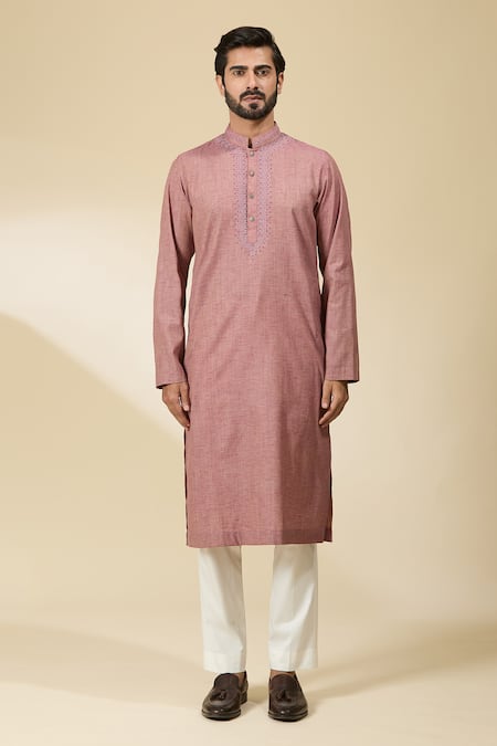 Ankita Shahabadi_Pink Handloom Cotton Embroidery Thread Mandarin Collar Kurta _at_Aza_Fashions