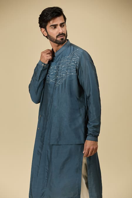 Ankita Shahabadi_Blue Cotton, Silk Zari Asymmetric Embroidered Kurta _Online_at_Aza_Fashions