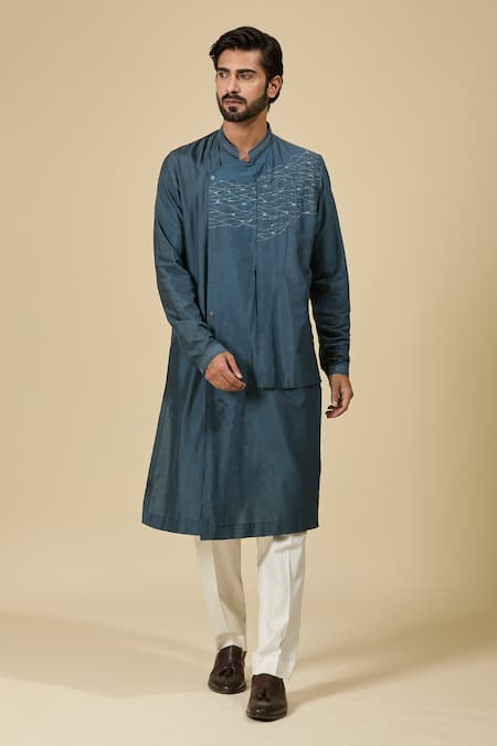 Ankita Shahabadi_Blue Cotton, Silk Zari Asymmetric Embroidered Kurta _at_Aza_Fashions