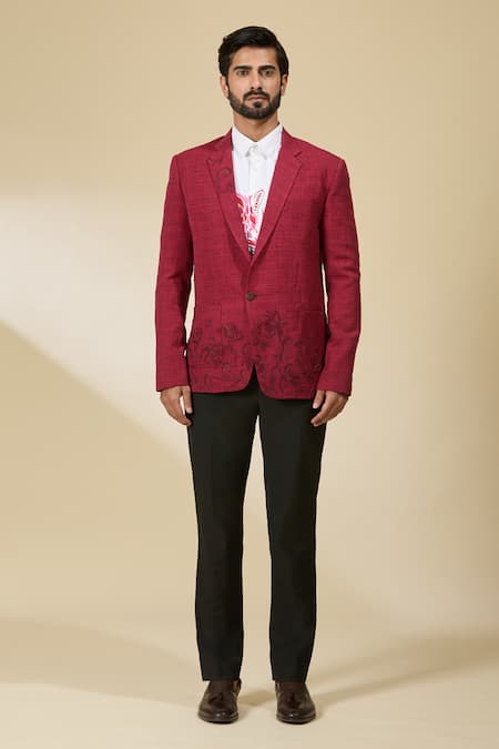 Ankita Shahabadi_Red Linen Embroidery Abstract Blazer _Online_at_Aza_Fashions