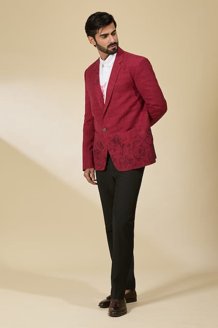 Buy_Ankita Shahabadi_Red Linen Embroidery Abstract Blazer _Online_at_Aza_Fashions