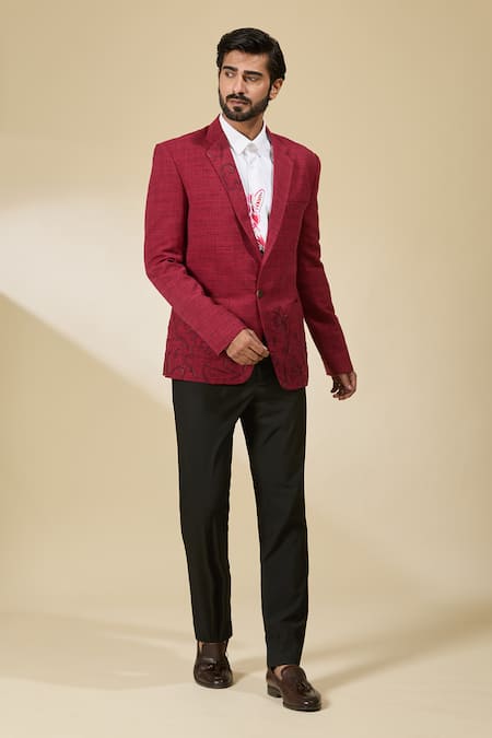 Ankita Shahabadi_Red Linen Embroidery Abstract Blazer _at_Aza_Fashions