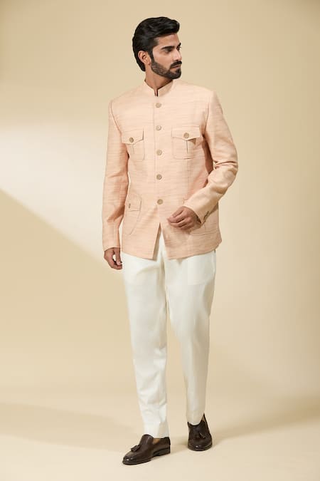 Ankita Shahabadi_Pink Linen Full Sleeve Bandhgala _Online_at_Aza_Fashions