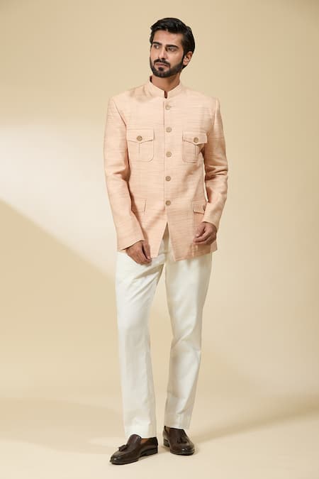 Buy_Ankita Shahabadi_Pink Linen Full Sleeve Bandhgala _Online_at_Aza_Fashions