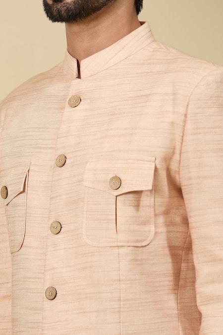 Shop_Ankita Shahabadi_Pink Linen Full Sleeve Bandhgala _Online_at_Aza_Fashions