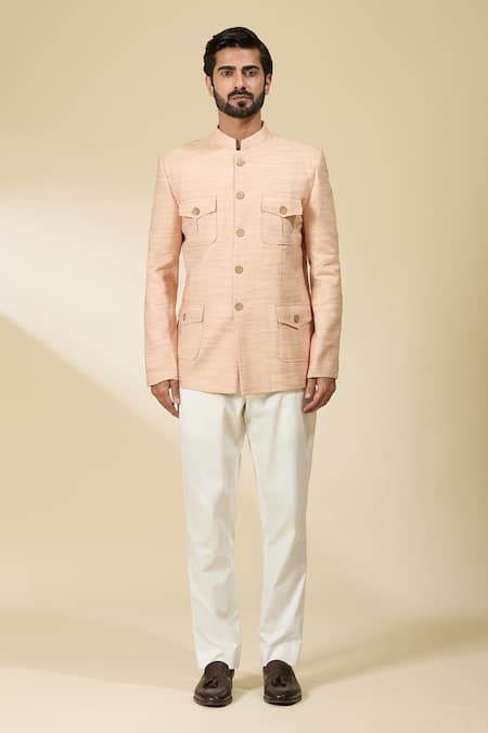 Ankita Shahabadi_Pink Linen Full Sleeve Bandhgala _at_Aza_Fashions