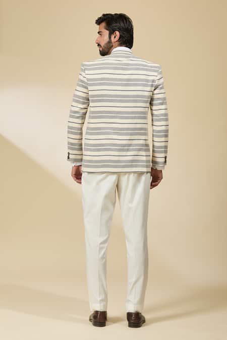 Shop_Ankita Shahabadi_Blue Linen And White Stripe Blazer _at_Aza_Fashions
