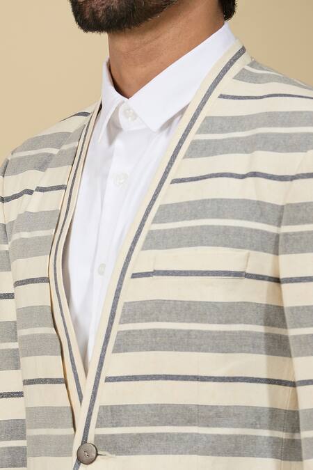 Ankita Shahabadi_Blue Linen And White Stripe Blazer _Online_at_Aza_Fashions