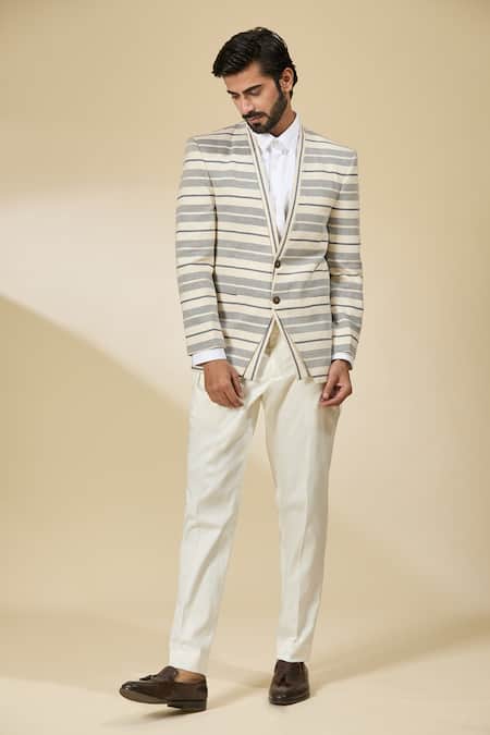 Buy_Ankita Shahabadi_Blue Linen And White Stripe Blazer _Online_at_Aza_Fashions