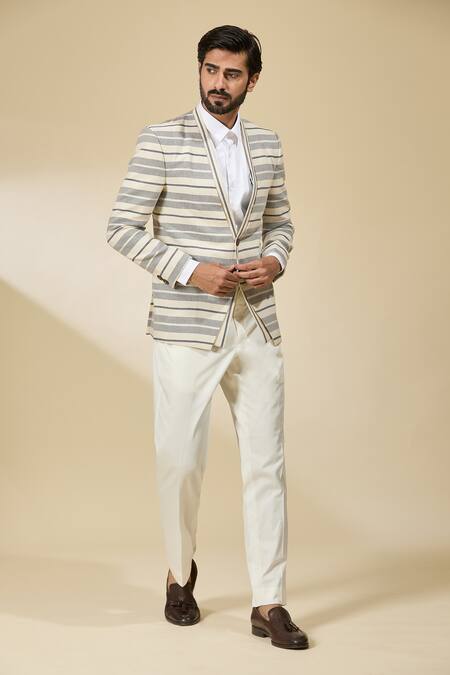 Shop_Ankita Shahabadi_Blue Linen And White Stripe Blazer _Online_at_Aza_Fashions