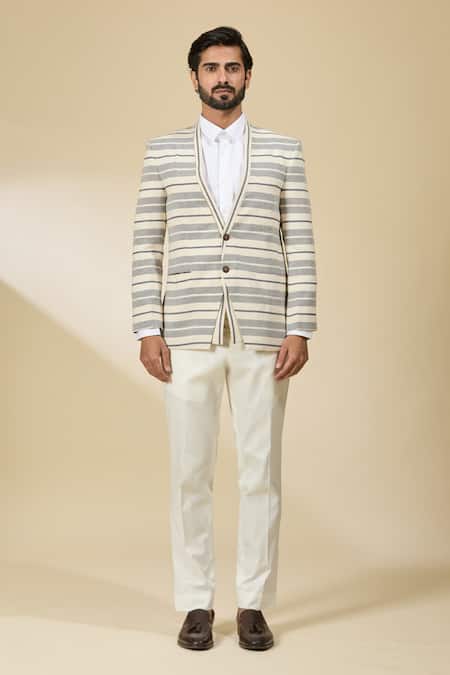 Ankita Shahabadi_Blue Linen And White Stripe Blazer _at_Aza_Fashions